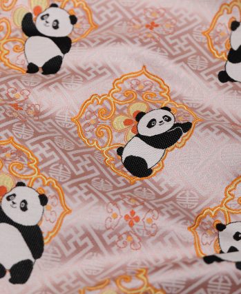 Beige Shu Brocade Fabric with Pink Panda & Ruyi Pattern