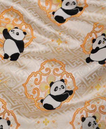 Beige Shu Brocade Fabric with Ivory Panda & Ruyi Pattern