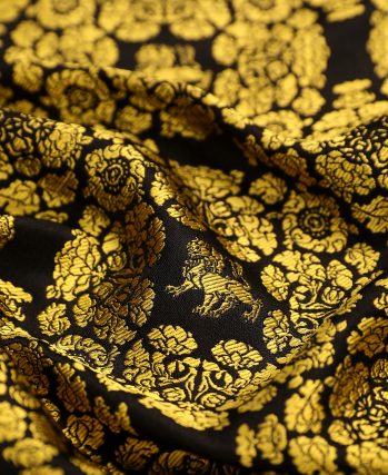 Black Shu Brocade Fabric with Standing Lion & Treasure Flower Pattern