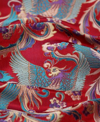 Red Shu Brocade Fabric with Phoenixes in Flight Pattern