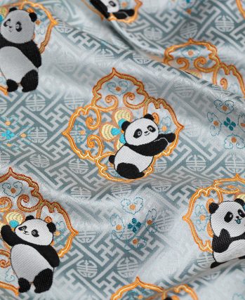 Beige Shu Brocade Fabric with Blue Panda & Ruyi Pattern