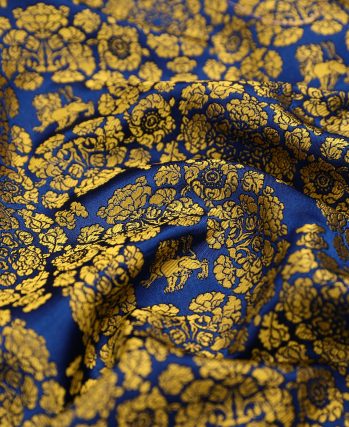 Blue Shu Brocade Fabric with Standing Lion & Treasure Flower Pattern