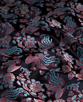 Black Red Phoenix & Peony Shu Brocade Fabric